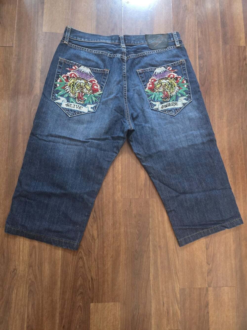 VTG Ed Hardy Christian Audigier Tiger Jeans 36x34 Rhinestone Alive AwareY2K READ